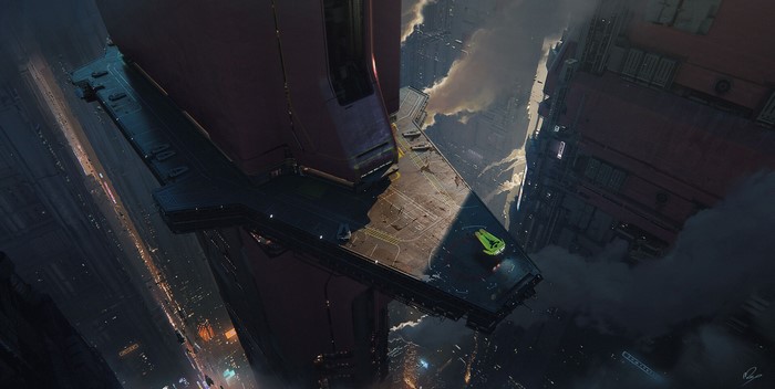 Futuristic spaceship landing pad above a city