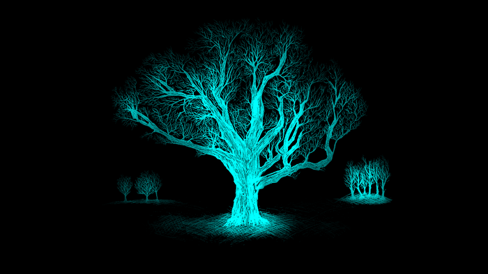 Cyan glowing trees on a black background