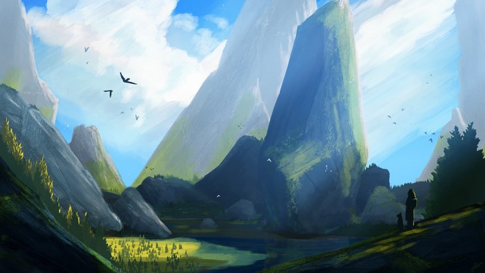 Fantasy landscape with mountains, a lake, and birds