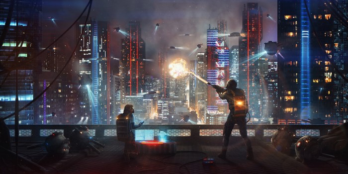 Futuristic city battle with drones and soldiers