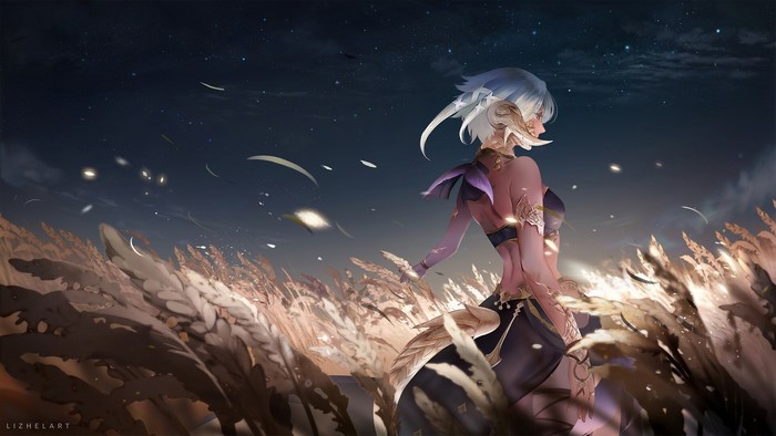 Au Ra girl in a field at night