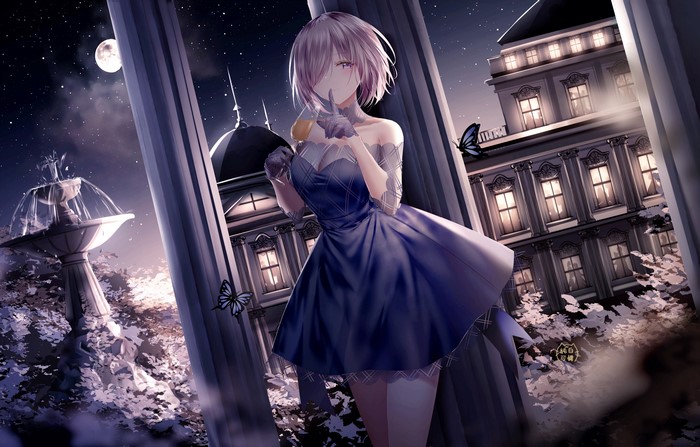Mash Kyrielight from Fate/Grand Order in a blue dress at night
