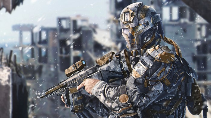 Futuristic soldier with rifle in ruined city
