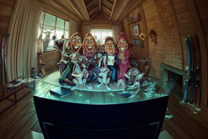 Cartoon wolves and people watching TV in a cabin