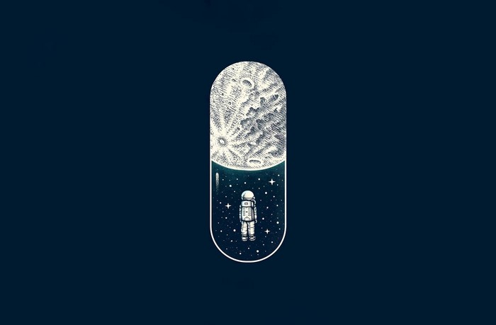 Astronaut inside a capsule with the Moon and stars