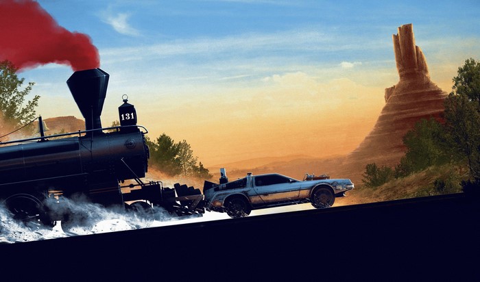 DeLorean time machine being pulled by a train