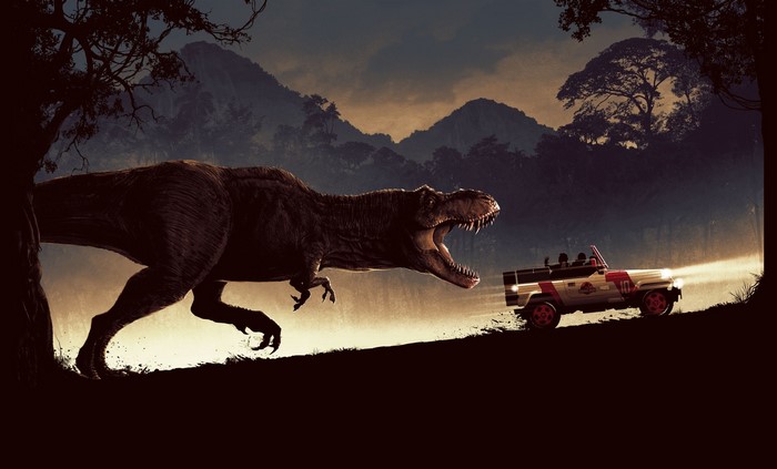 Tyrannosaurus Rex chasing a Jeep from Jurassic Park