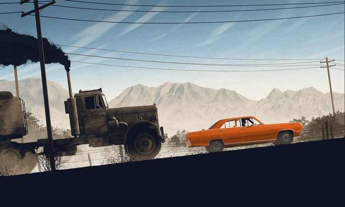 Artwork of a truck and car from the movie Duel