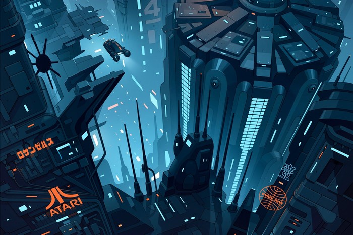 Cyberpunk Cityscape with Flying Vehicle and Logos