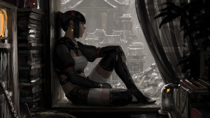 Fantasy girl with black hair sitting by the window