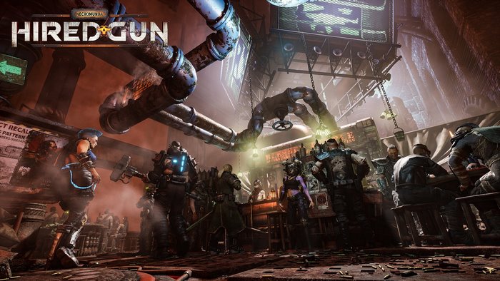 Necromunda: Hired Gun characters in a gritty bar
