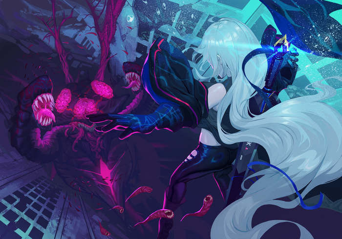 Skadi from Arknights fighting monsters