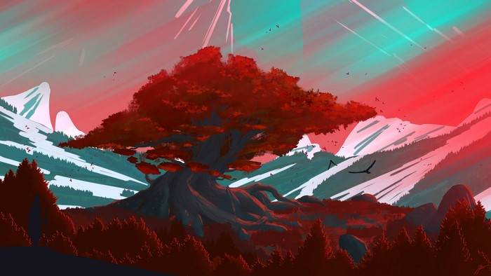 Fantasy landscape with a large tree and mountains