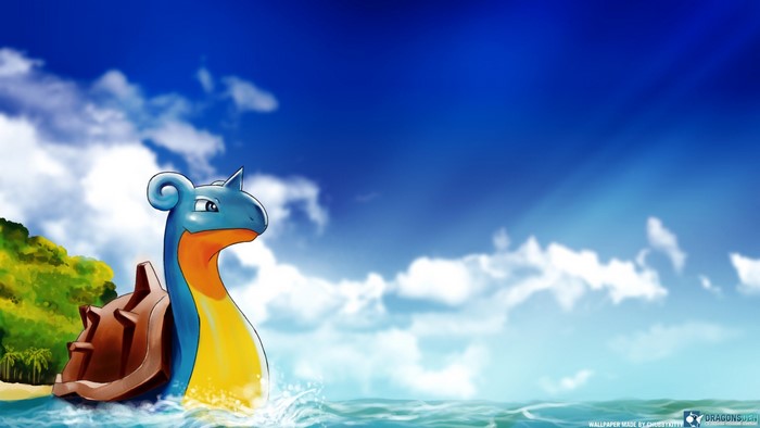 Lapras in the ocean near a tropical island