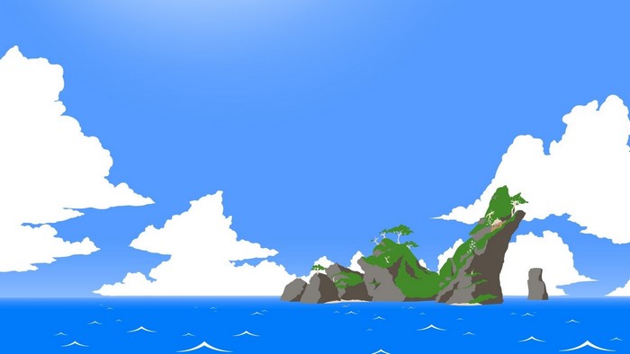 Island in the ocean with clouds and blue sky