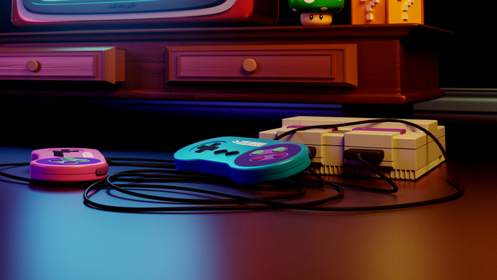 Super Nintendo console and controllers render