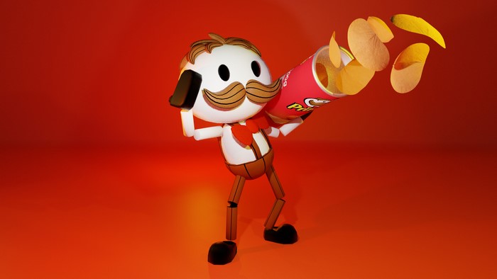 Pringles mascot with a can of chips