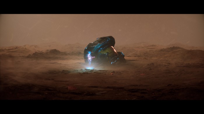 Cortana from Halo near a crashed ship on a desert planet