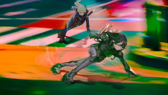 Anime girls in futuristic combat suits running