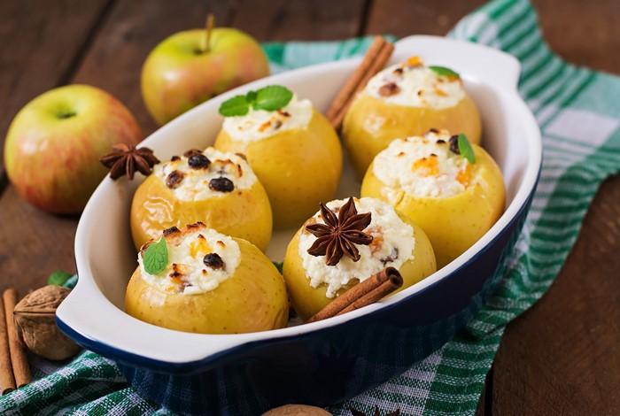 Baked apples with cheese filling, raisins, and spices