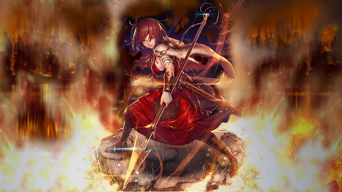 Anime girl with spear in fiery background