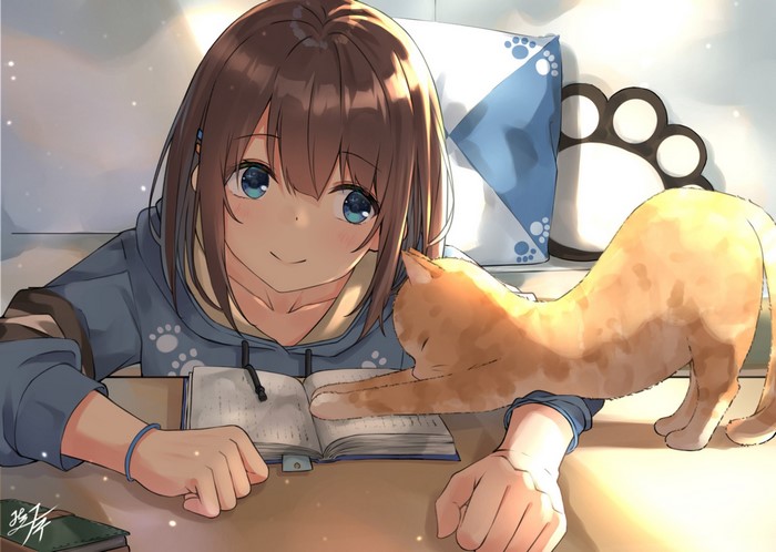 Anime girl with cat studying