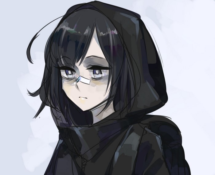 Anime girl with dark hair wearing a hood and backpack
