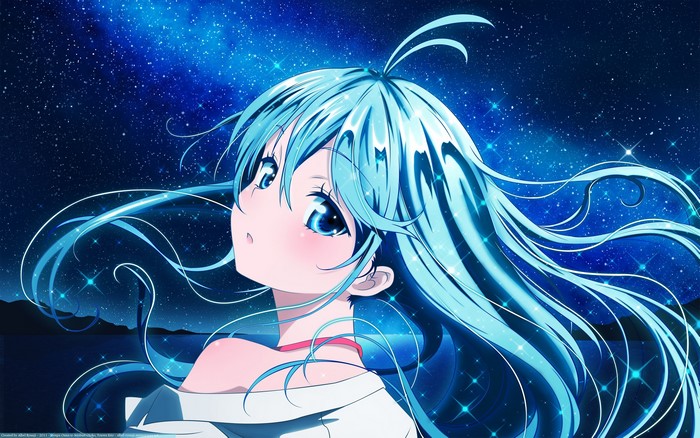 Anime girl with long blue hair under starry sky