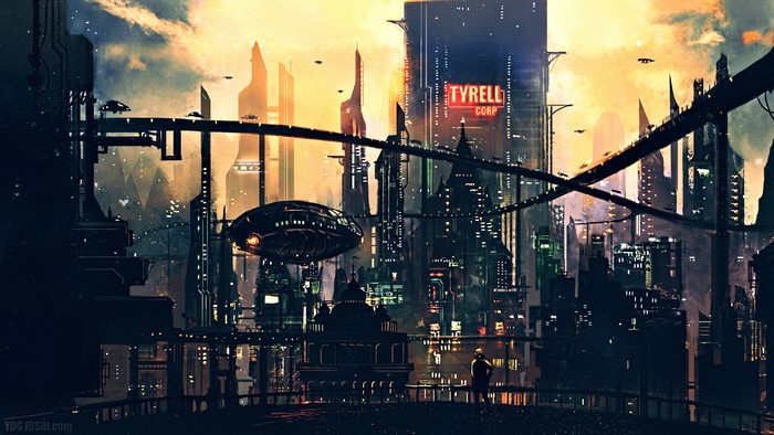 Futuristic cityscape with Tyrell Corp building