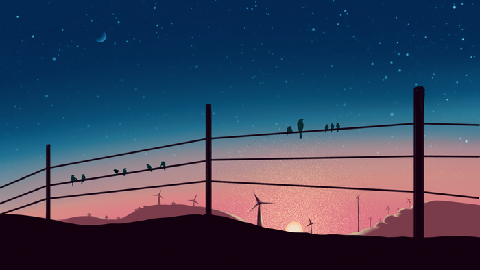 Birds on wires at sunset with windmills and moon