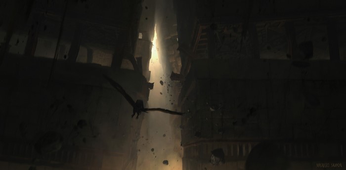 Fantasy art of a bird flying through a ruined dungeon