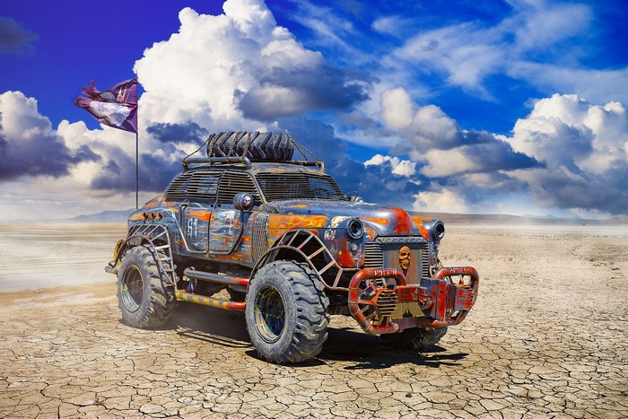 Apocalyptic 4x4 car with flag in desert landscape