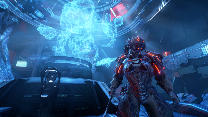 Hildryn from Warframe in a futuristic room