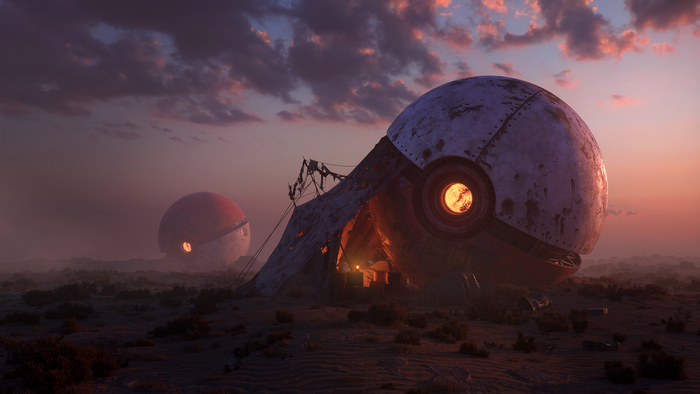Apocalyptic wasteland with damaged futuristic spheres and a tent