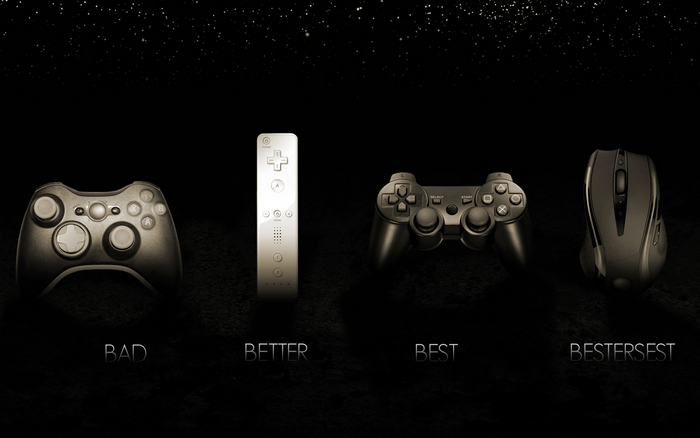 Video game controllers and mouse on black background