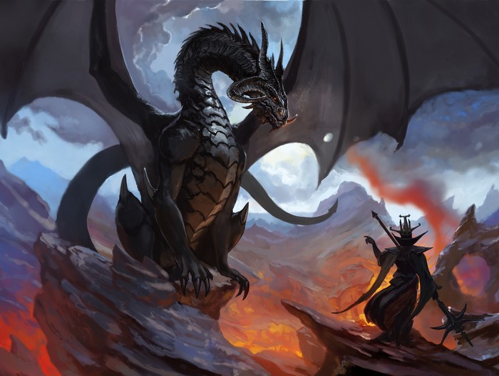 Black dragon confronts a robed figure in a mountainous landscape