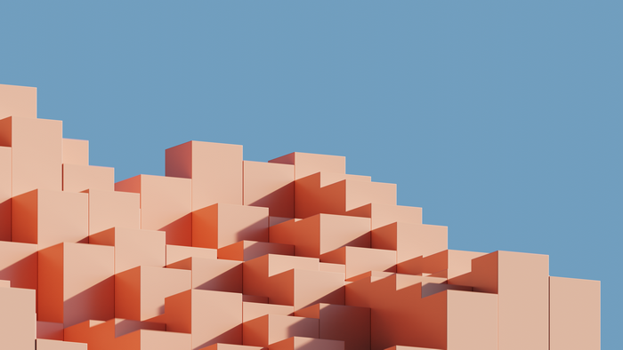 3D Abstract Render of Peach Cubes Against Blue Sky