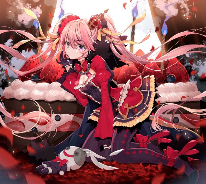 Anime girl with pink twintails and a crown kneeling by a cake