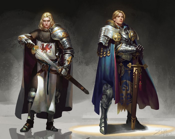 Two knights in ornate armor with swords