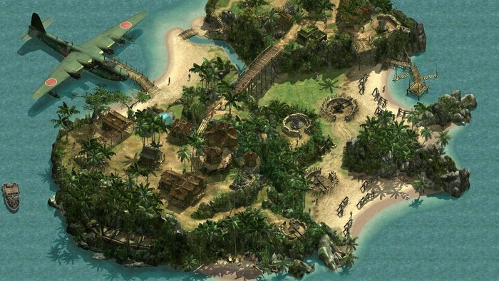 Commandos 2: Men of Courage island base with airplane and boat
