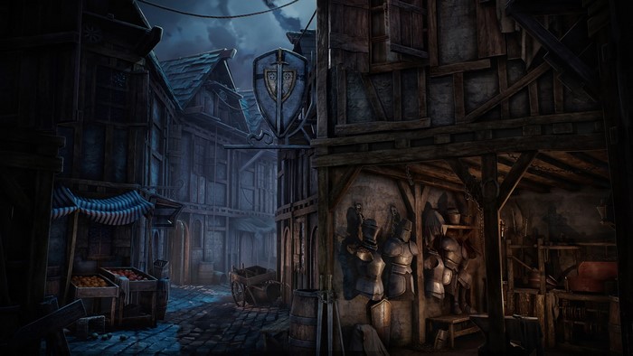 Medieval blacksmith shop with armor and street stall