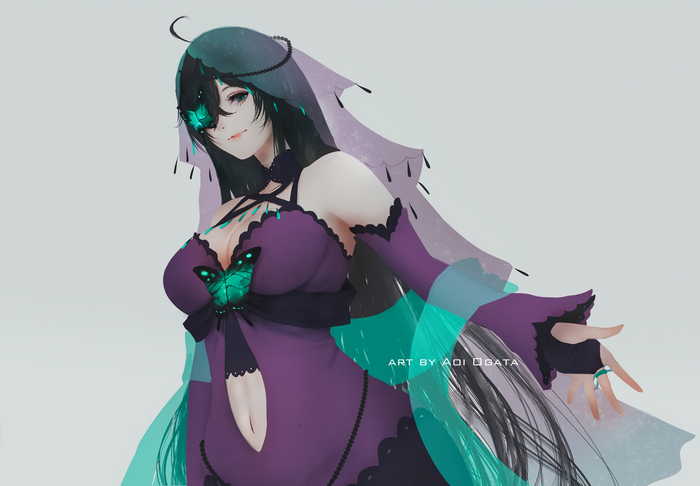 Woman with black hair and green eyes wearing a purple dress