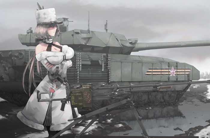Anime girl in uniform with tank and machine gun