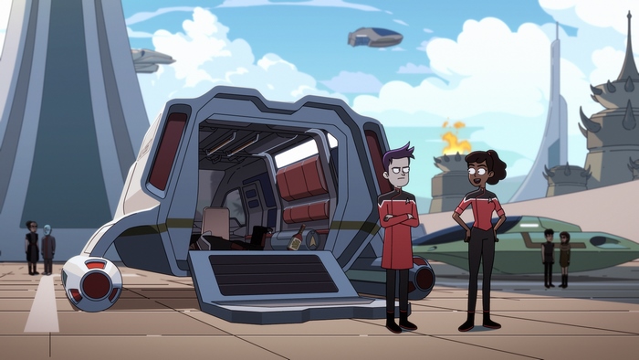Star Trek: Lower Decks characters on a landing pad