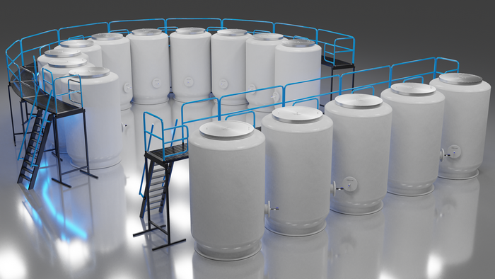 3D rendering of industrial storage tanks with scaffolding