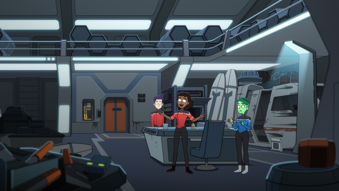 Star Trek: Lower Decks characters in a ship's interior