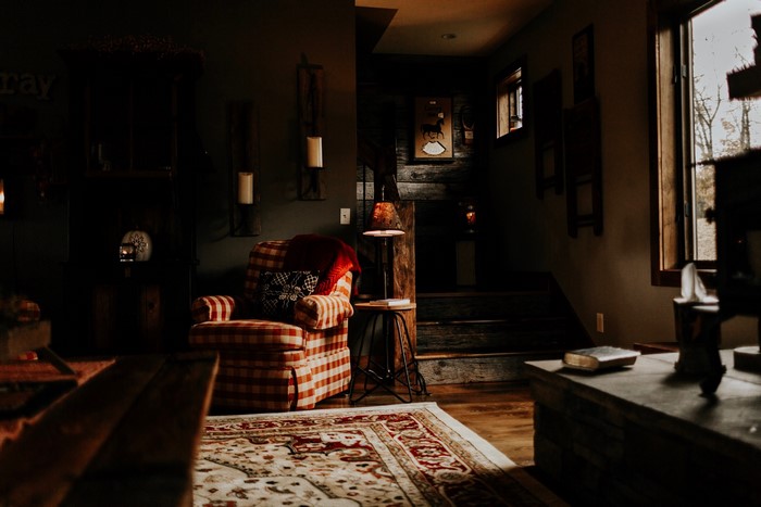 Cozy cabin living room with plaid armchair and fireplace