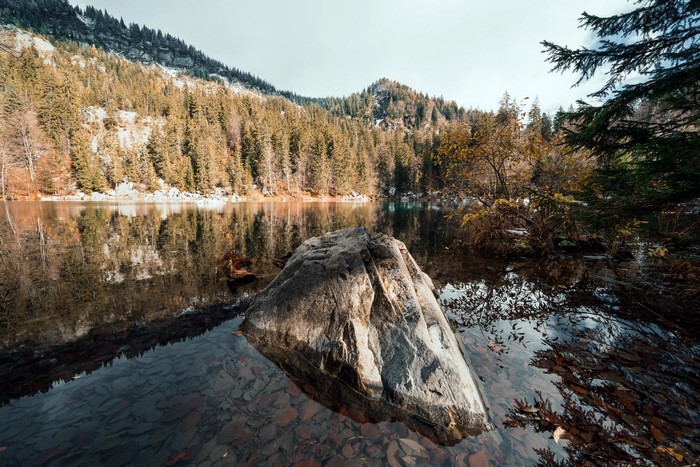 Rock in a lake with reflections of autumn forest and mountains