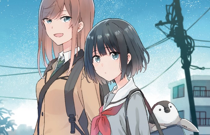 Two anime girls in school uniforms with a penguin plush
