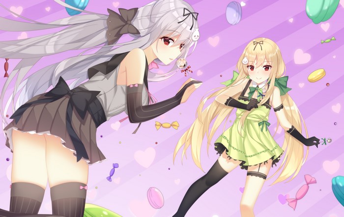 Anime girls with candy and hearts